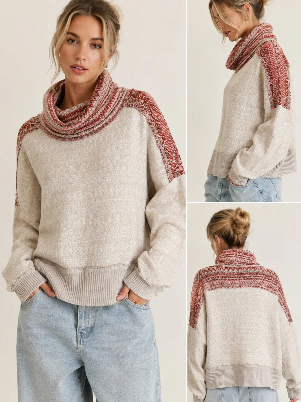 Free People Cream Cowl Neck Sweater with Rust Trim